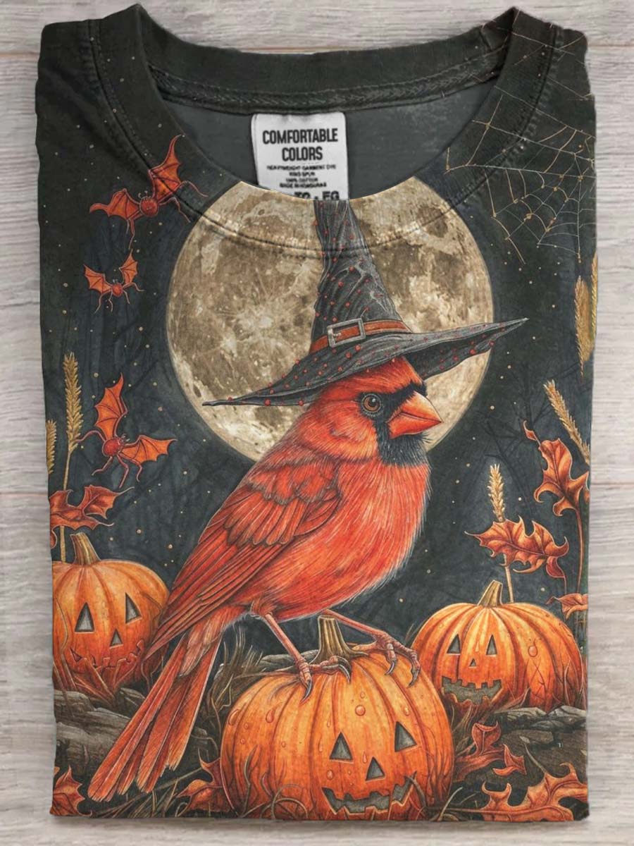 Halloween Cardinal Bird Print Casual Short Sleeve T-Shirt