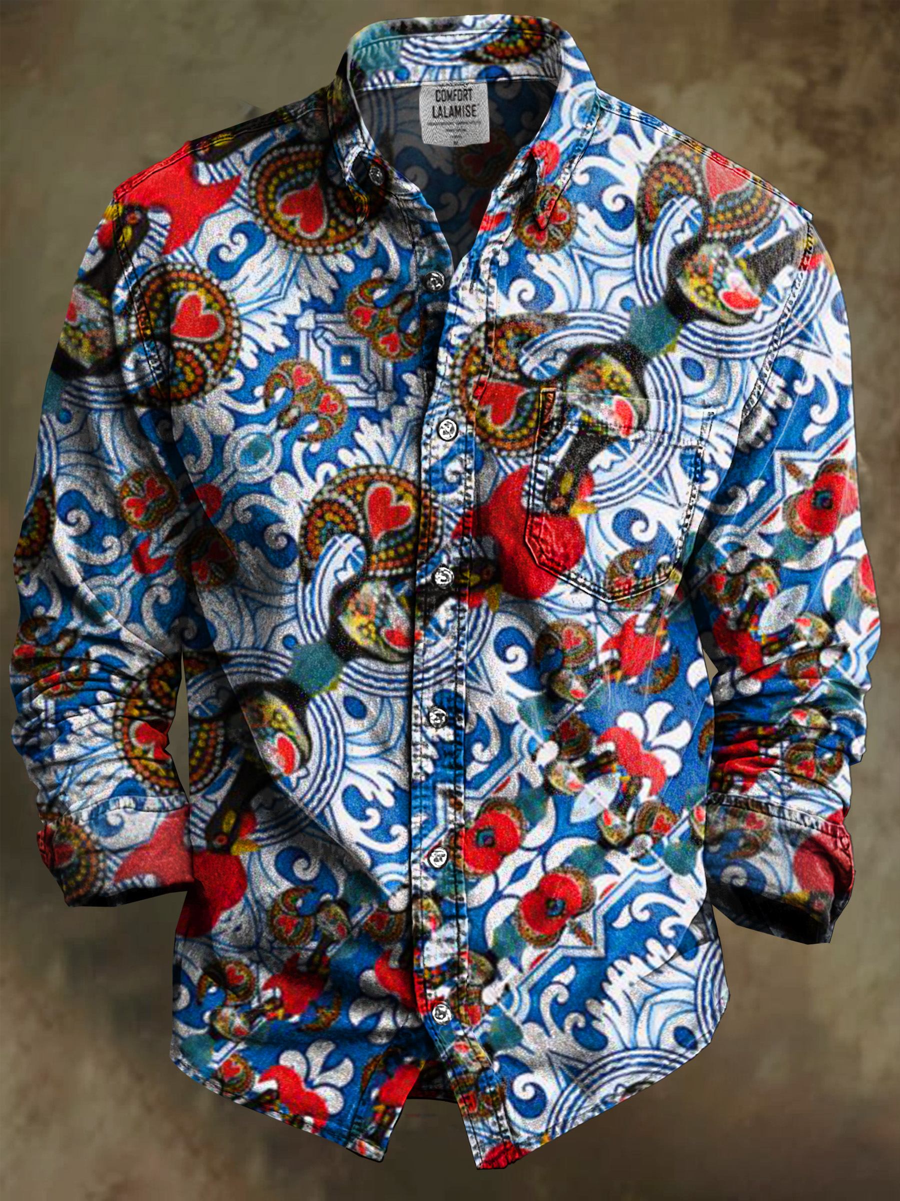 Vintage Abstract Ethnic Art Print 100% Cotton Long Sleeve Shirt
