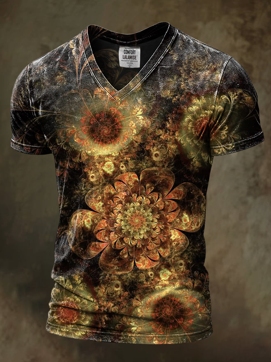 Retro Gold Flower Art Print Casaul Short Sleeve V-neck T-shirt