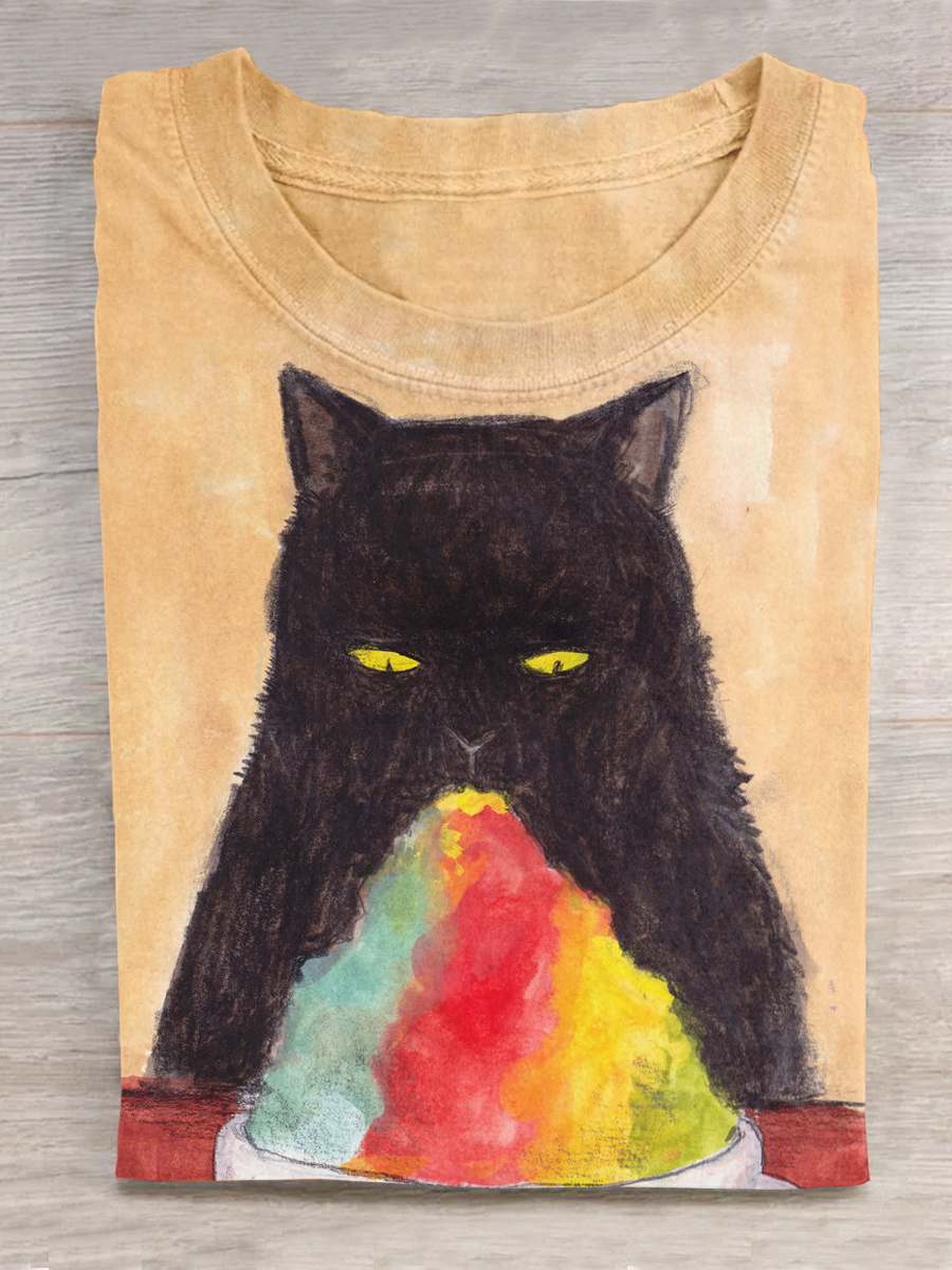 Funny Cat Art Print Printed T-shirt