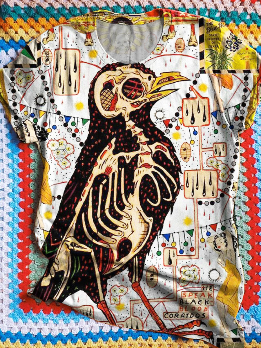 Crow Skeleton Art Print Casual T-shirt