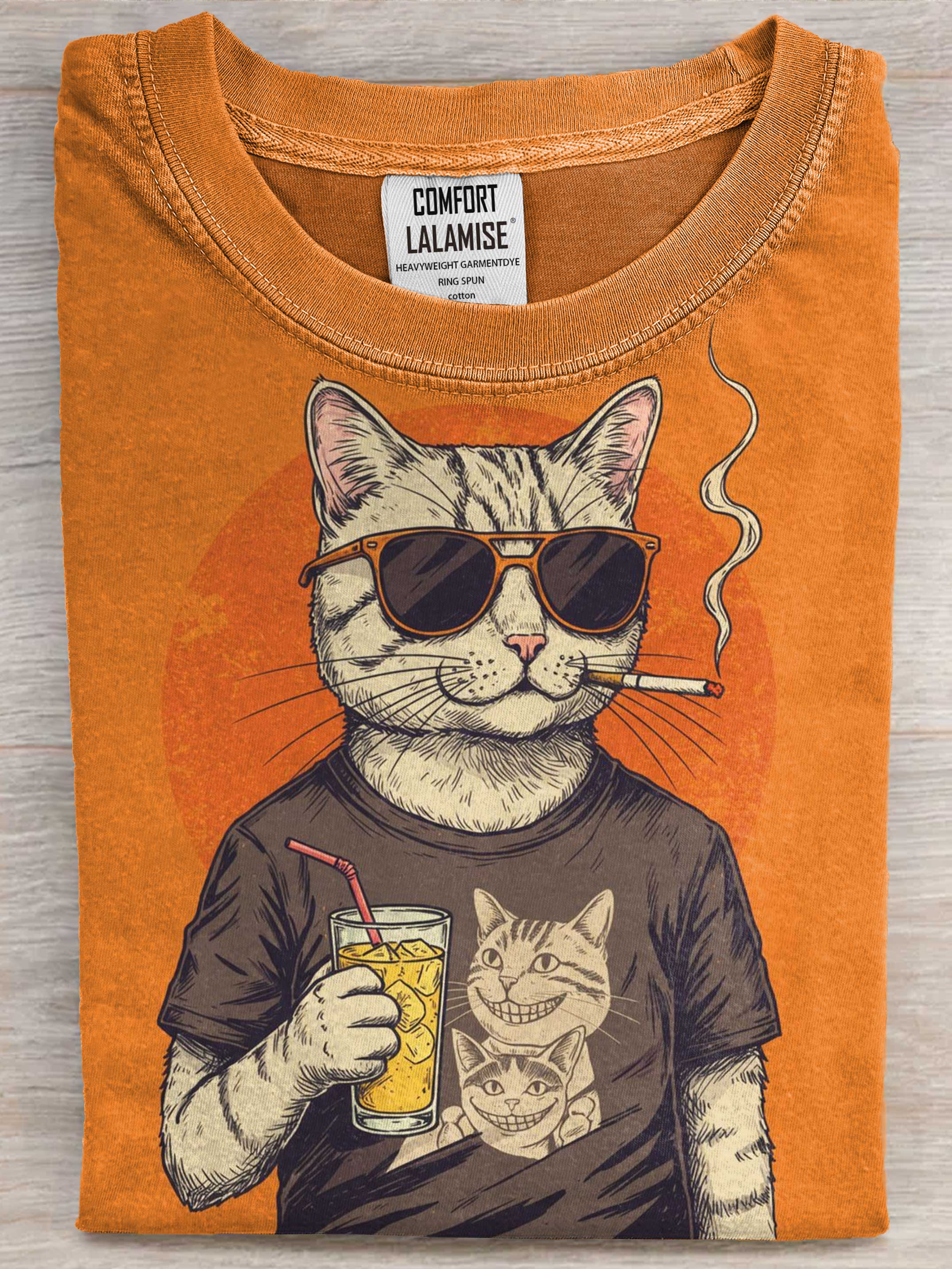 Retro Smoking Cat Art Print Casual Short Sleeve T-shirt
