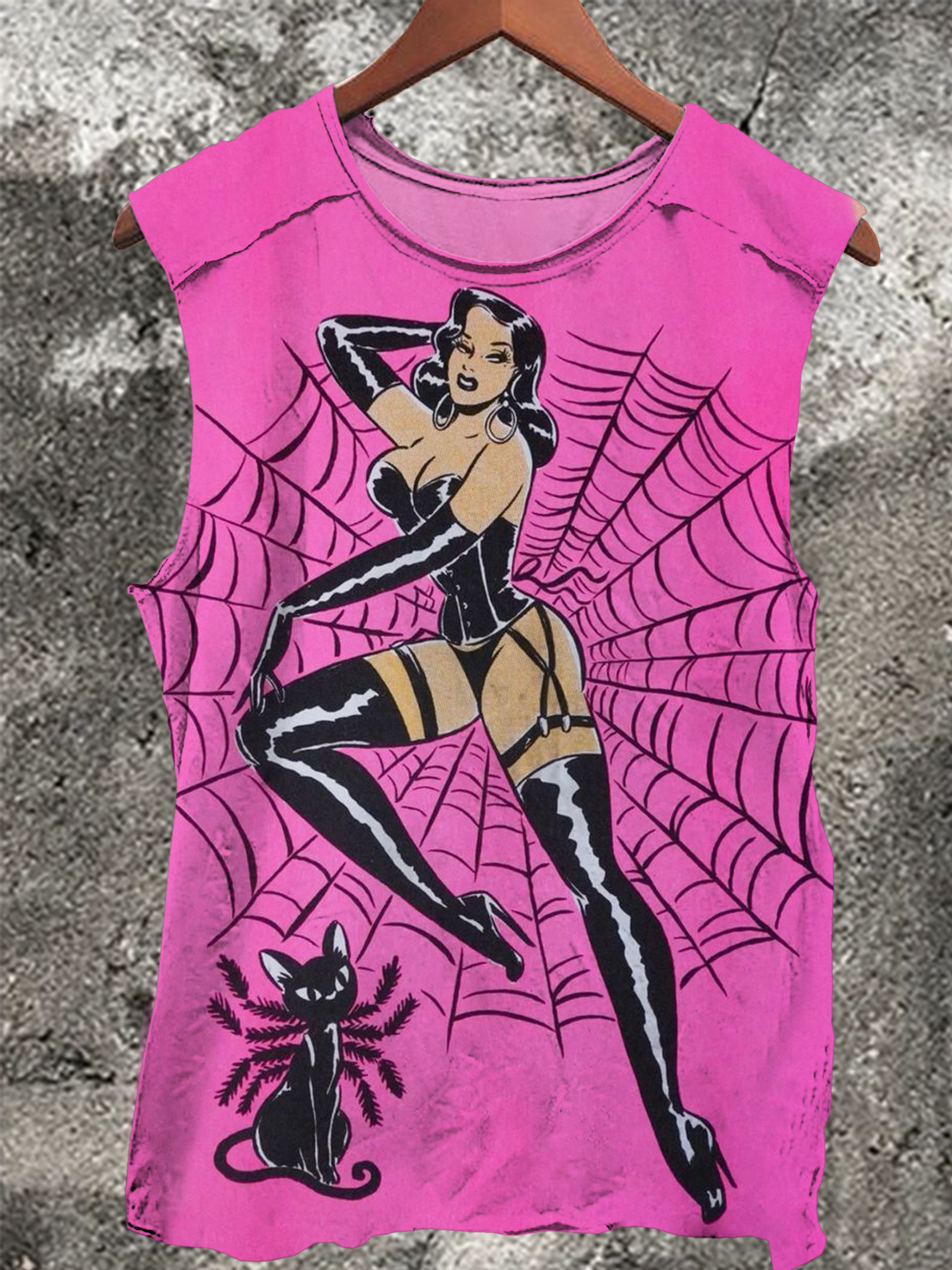 Black Cat and Spider Beauty Vintage Print 100% Cotton Casual Tank Top