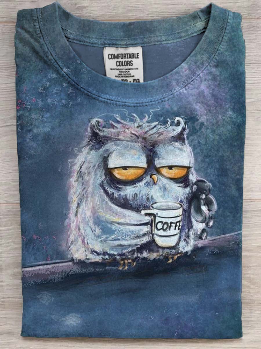Owl Coffee Print Casual Short Sleeve T-Shirt