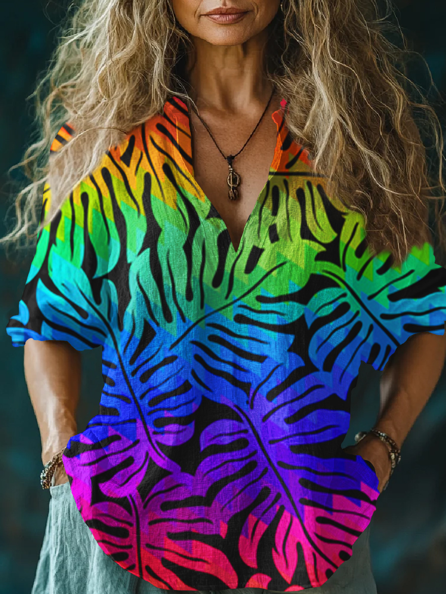 Rainbow Leaf Silhouette Art Print Long Sleeve Cotton and Linen Top