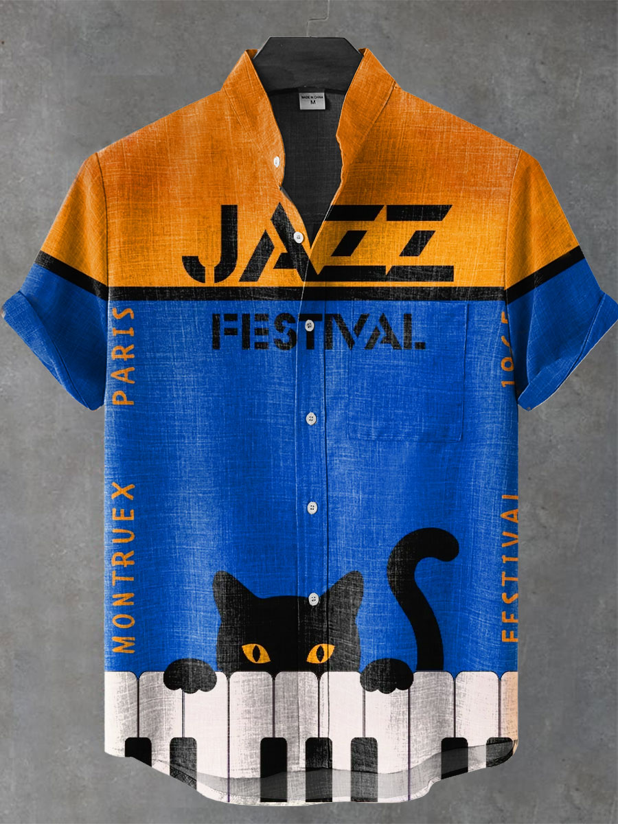 Vintage Jazz Club Music Print Casual 100% Cotton Shirt