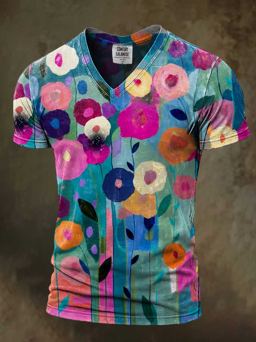 Rose Painting Art Print Casaul Short Sleeve V-neck T-shirt