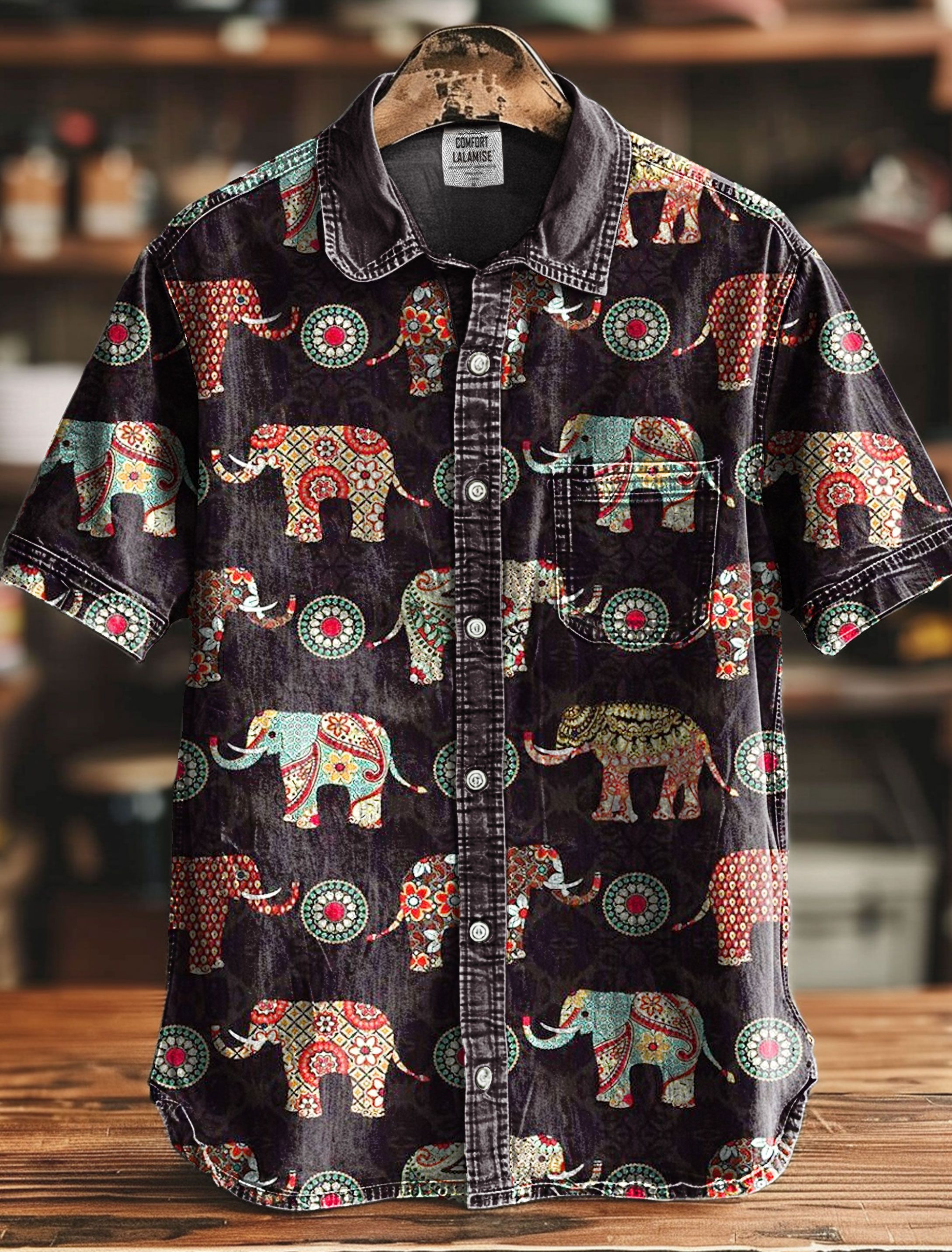 Vintage Ethic Elephant Art Print Casual 100% Cotton Shirt