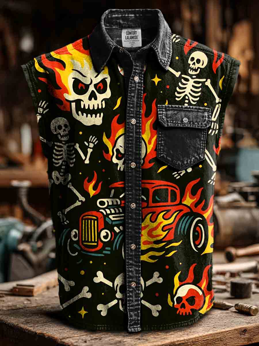 Skull Art Print Casual 100% Cotton Sleeveless Lapel Shirt