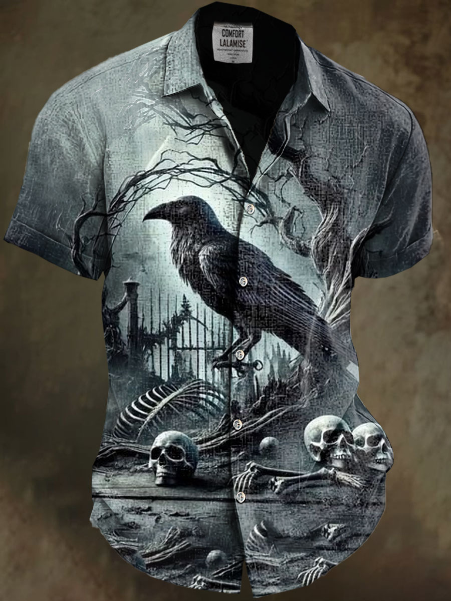 Vintage Gothic  Punk Raven Art Print Casual Cotton And Linen Shirt