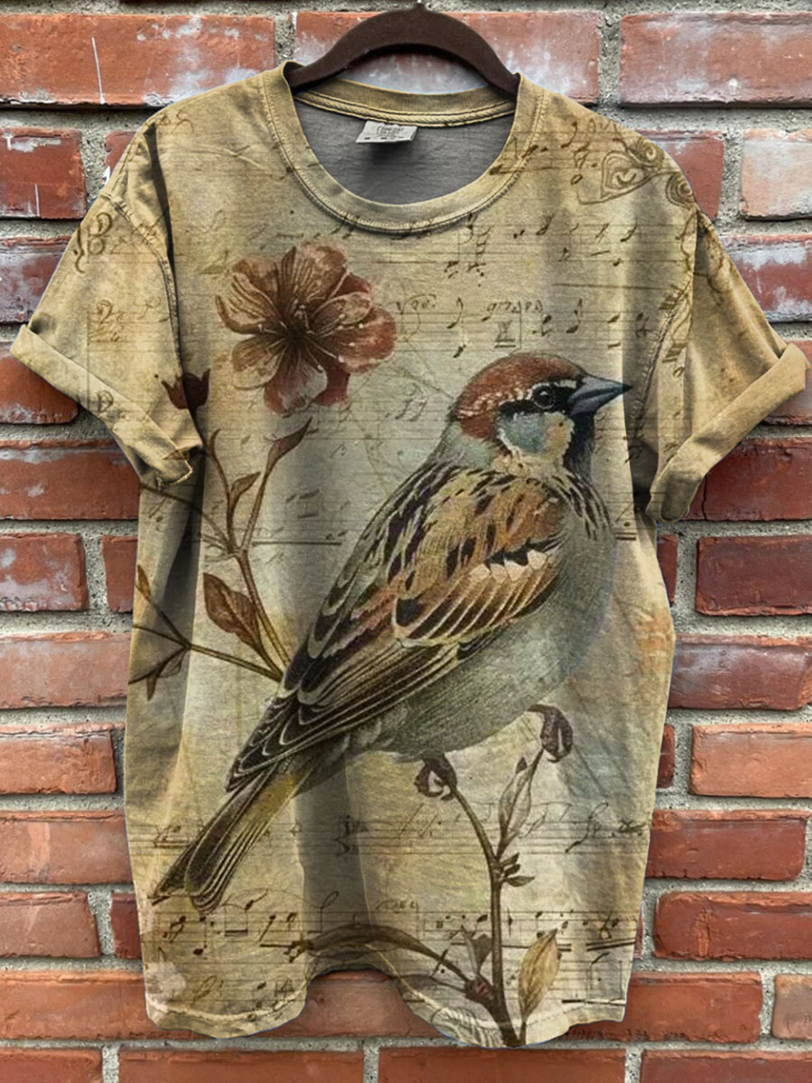 Vintage Bird Print Casual T-shirt