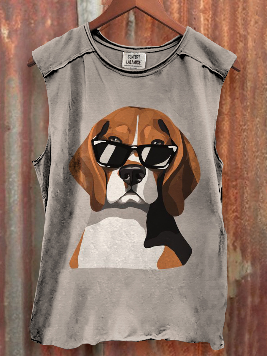 Vintage Fancy Sunglasses Greyhound Art Print 100% Cotton Casual Tank Top