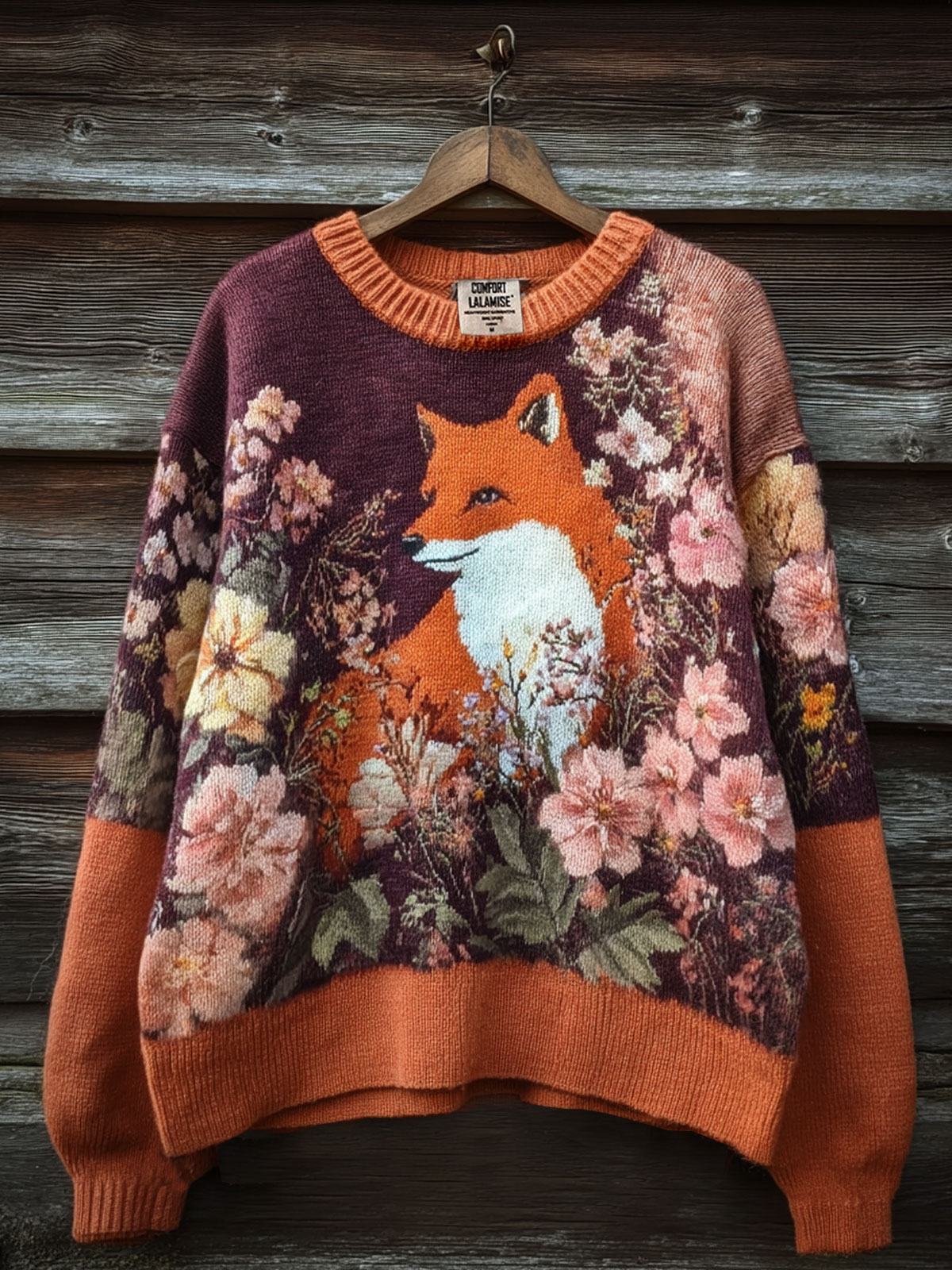 Vintage Autumn Fox With Flowers Art Print Knit Pullover Sweater