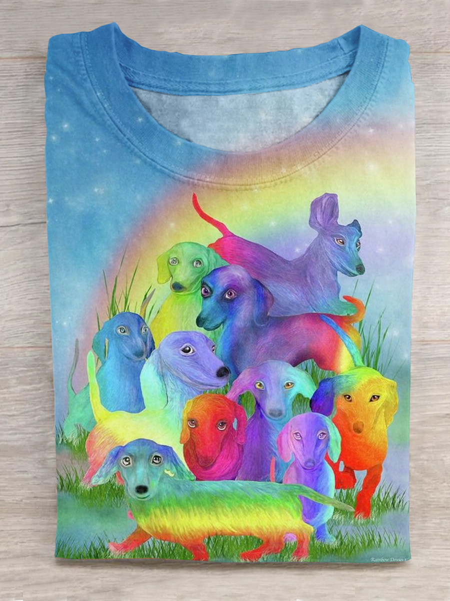 Rainbow Dog Art Print Casual Short Sleeve T-Shirt
