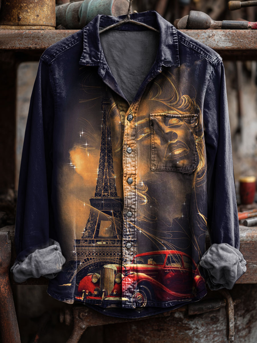 Vintage Eiffel Tower Art Print 100% Cotton Long Sleeve Shirt