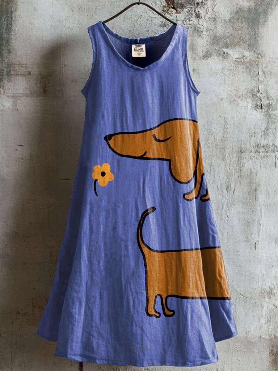 Women's Dachshund Dog Art Print V-neck Pocket Cotton Dress
