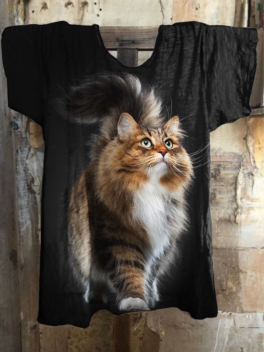 Vintage Cat Print Cotton Crew Tee