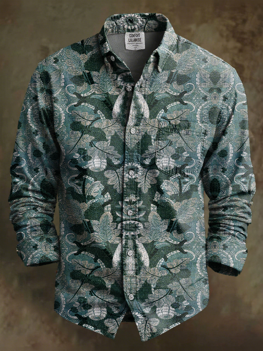 Vintage Leaves Symmetrical Pattern Print 100% Cotton Long Sleeve Shirt