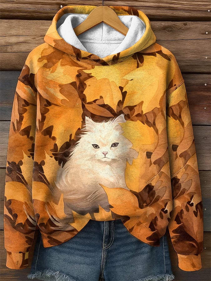 Women's Casual Autumn Maple Leaf and Cat Print Warm Hoodie