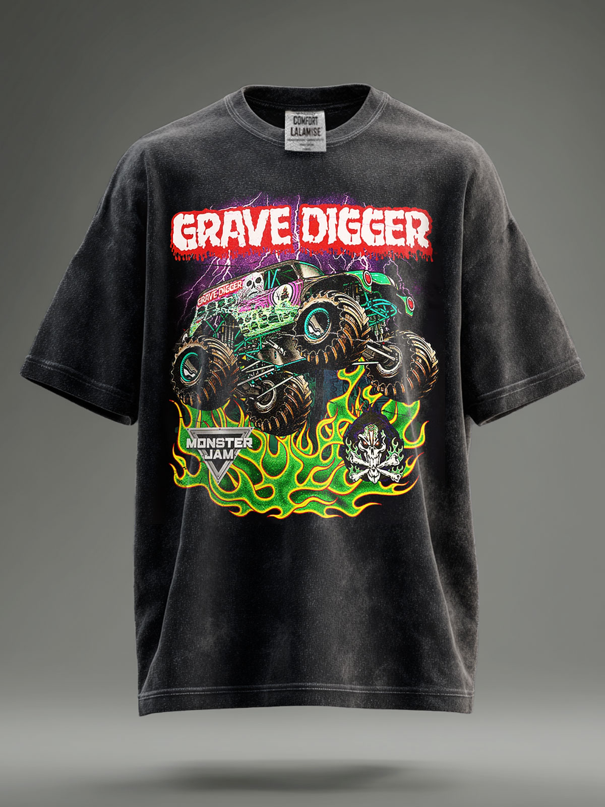 Monster Jam Grave Digger Green and Purple Print Retro Distressed Washed Cotton T-shirt