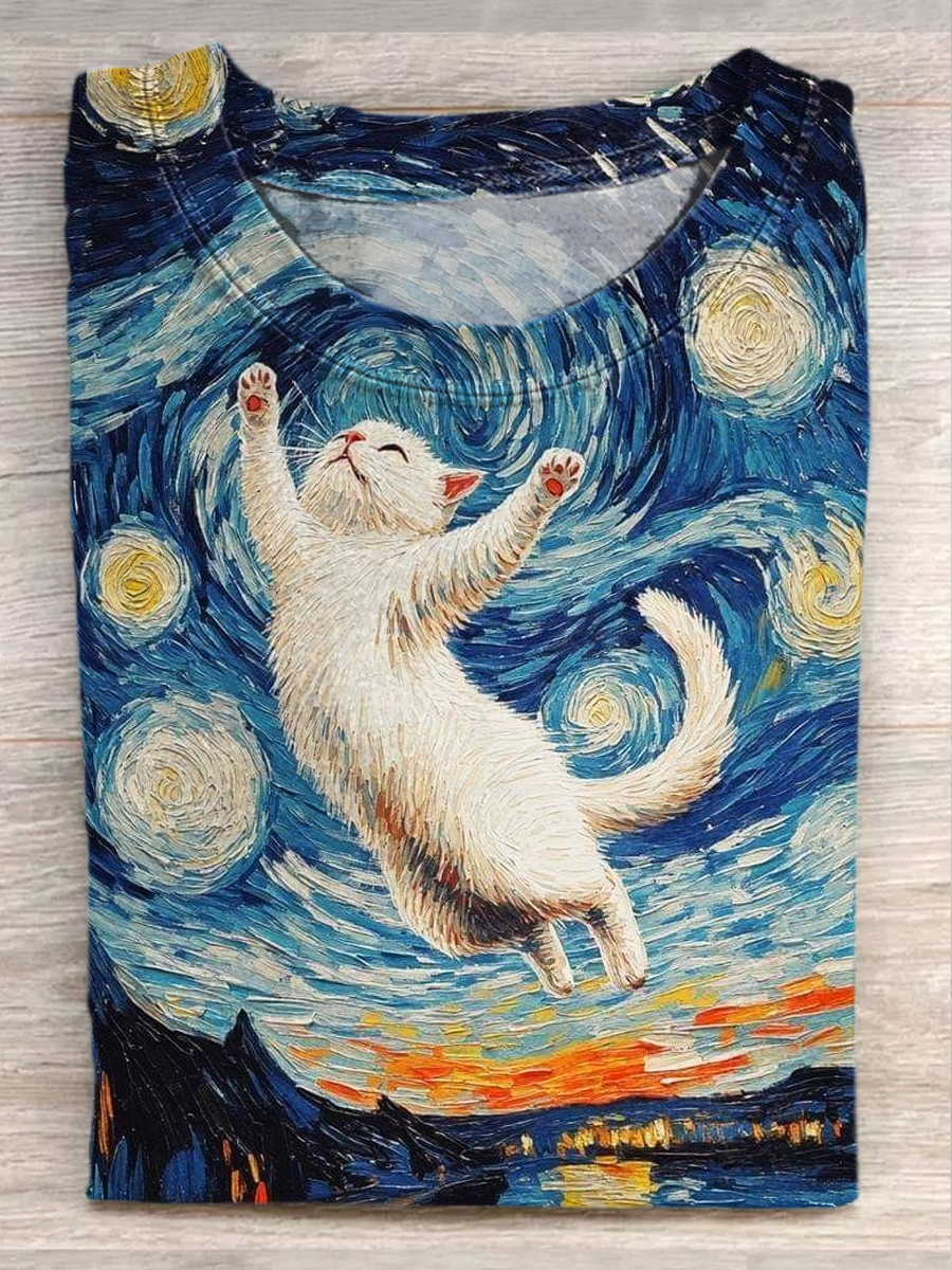 Vintage Abstract Starry Cat Oil Painting Art Print Casual Short Sleeve T-Shirt