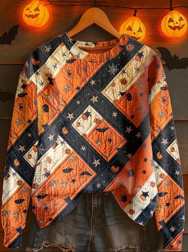 Women's Fall Patchwork Pumpkin Print Crew Neck Sweatshirt
