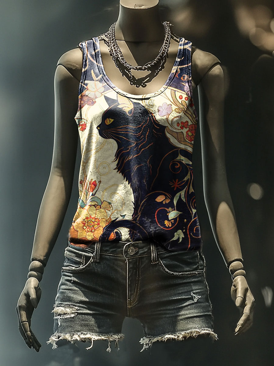 Cat Art Print Casual Tank Top