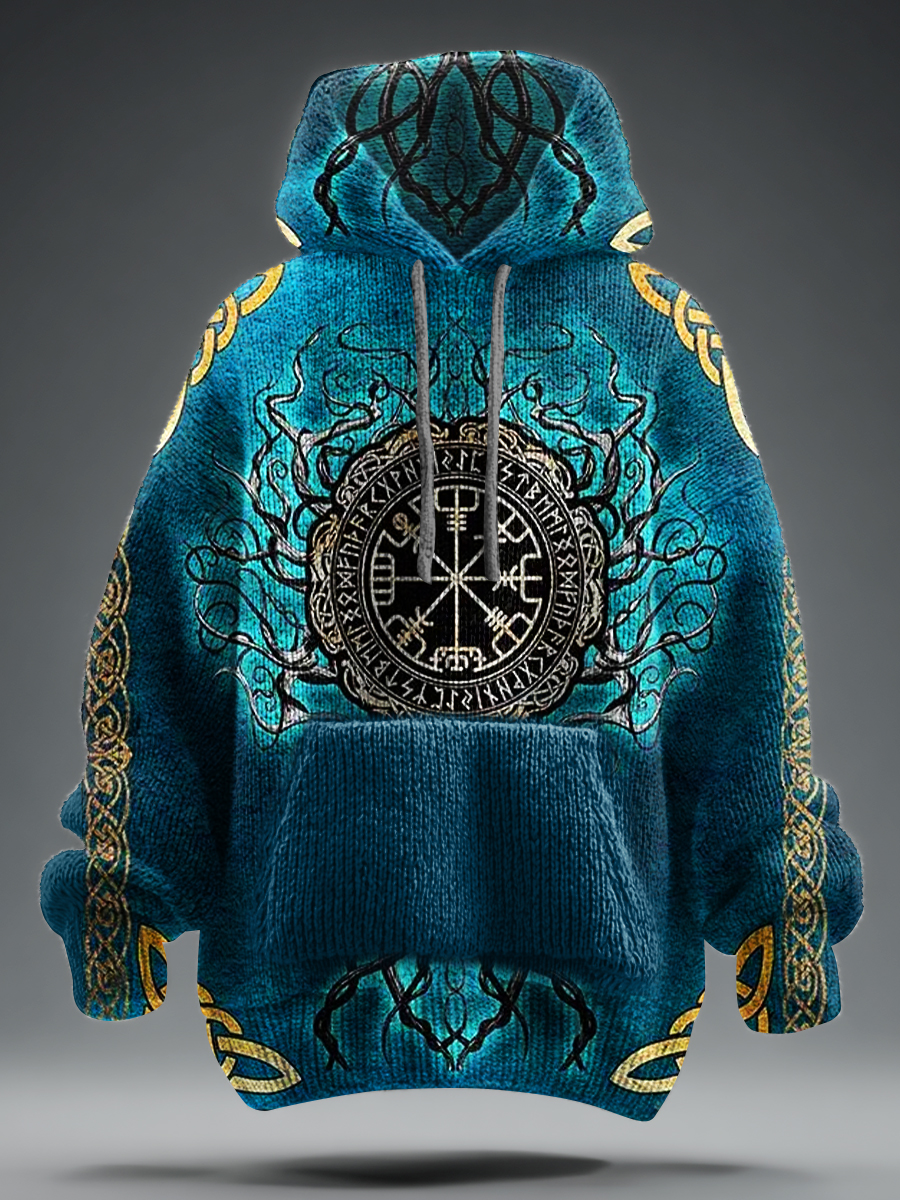 Retro Multicolor Viking Art Print Knit Pullover Hooded Sweater