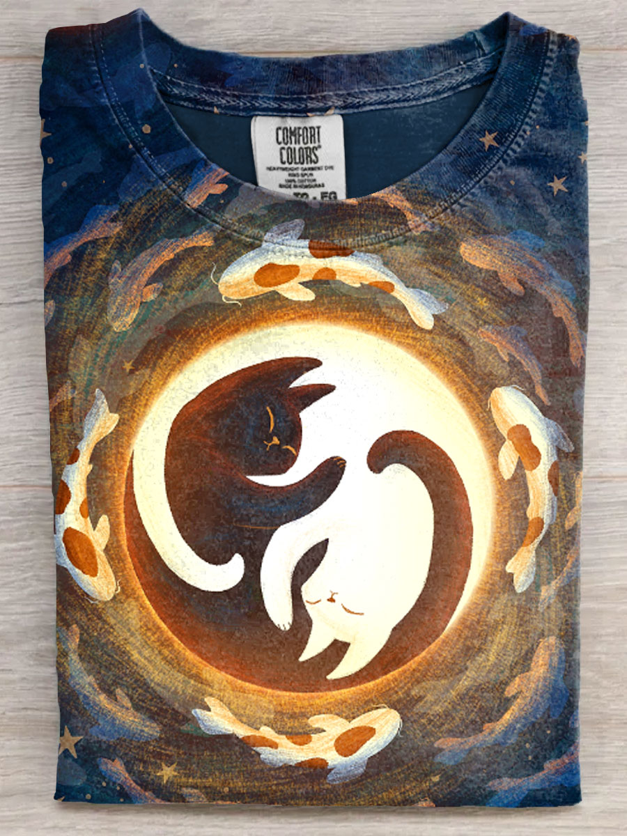 Yin And Yang Cat Art Print Casaul Short Sleeve T-shirt