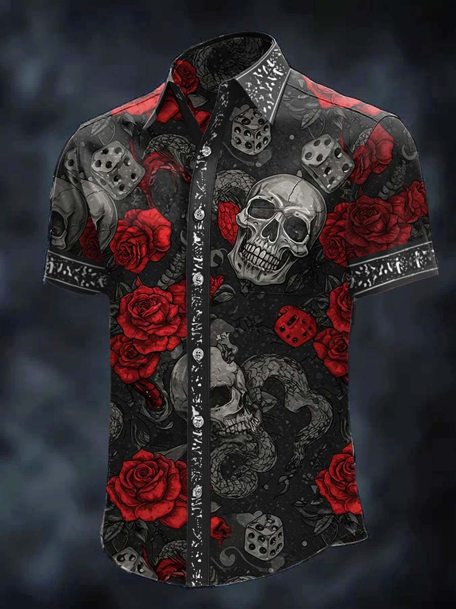 Vintage Rose Death Skull Print Casual 100% Cotton Shirt