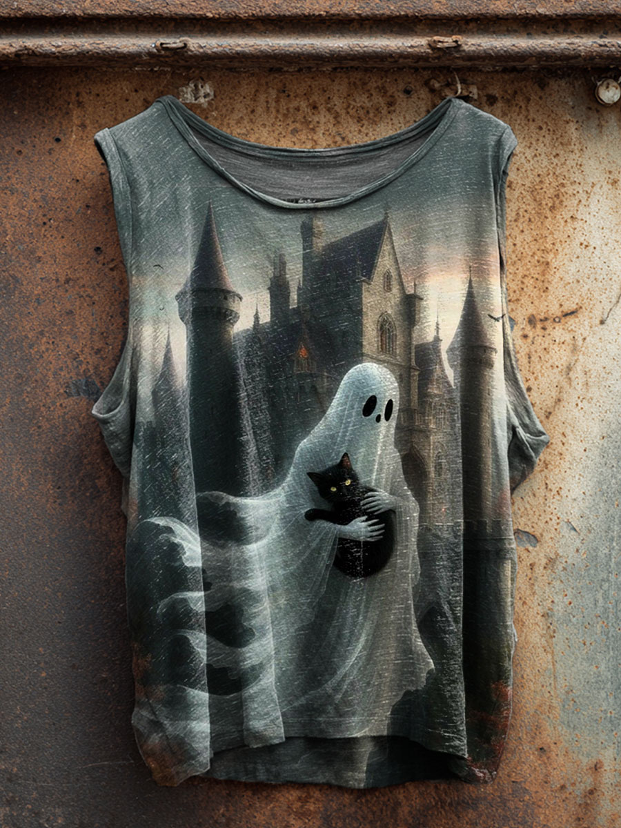 Halloween Ghost Cat Art Print 100% Cotton Casual Tank Top