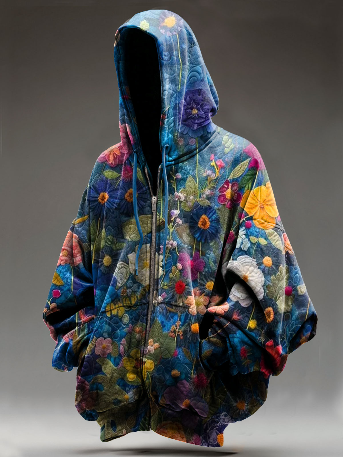 Vintage Flower Art Print Casual Zip Hoodie Sweatshirt