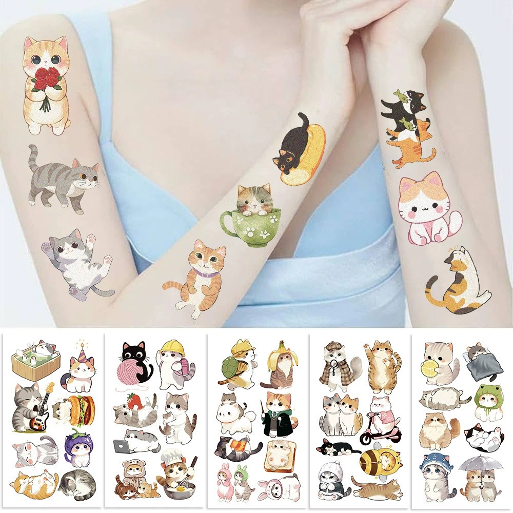 Cartoon Cute Watercolor Cat Tattoo Stickers