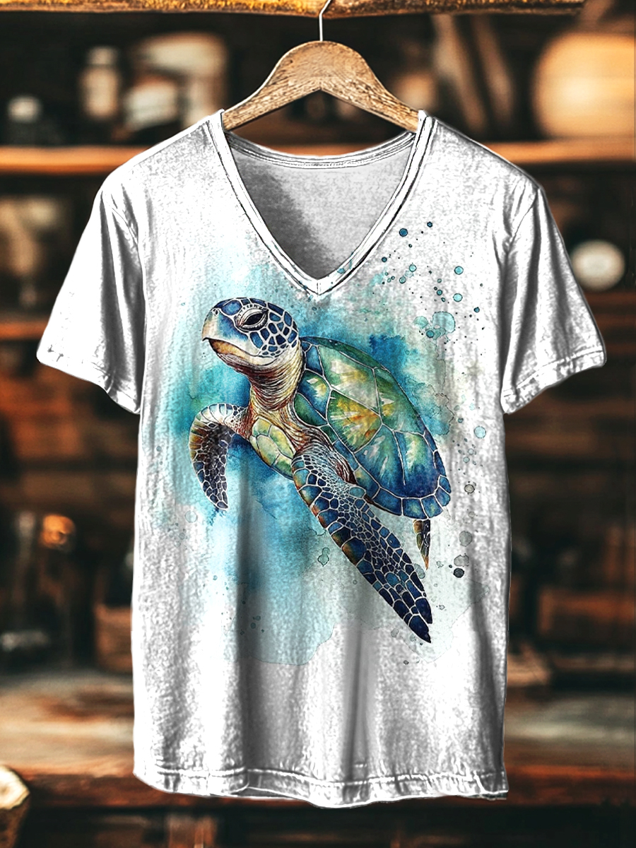 Vintage Abstract Turtle Art Print Casual V-Neck T-Shirt