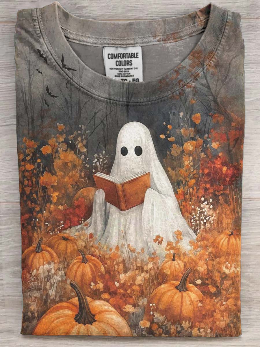 Halloween Floral Ghost Print Casual Short Sleeve T-Shirt