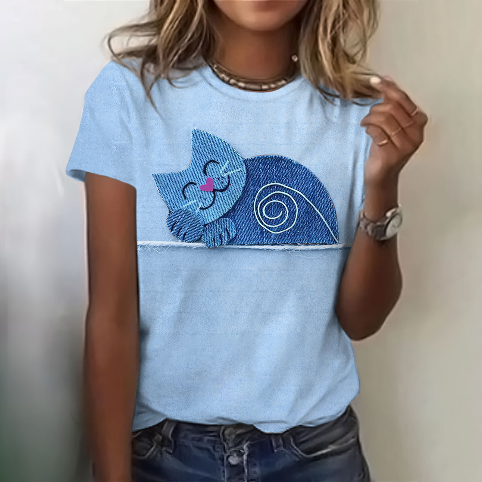 Women's Vintage Denim Patchwork Cat Art Short Sleeve T-shirt