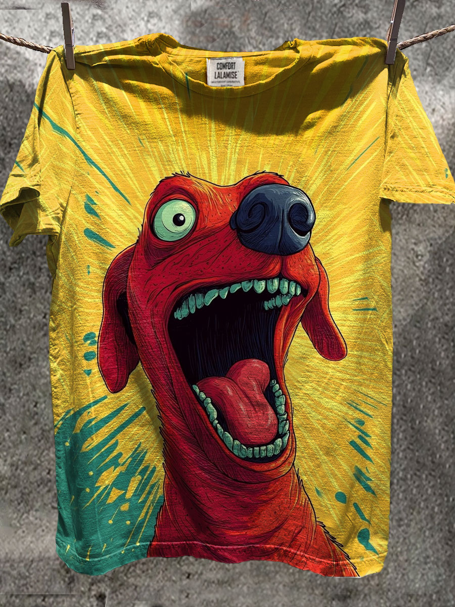 Funny Laughing Dog Art Print Casual Short Sleeve T-shirt