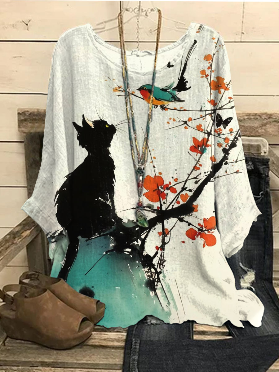 Women's Black Cat With Bird Art Print Casual Top