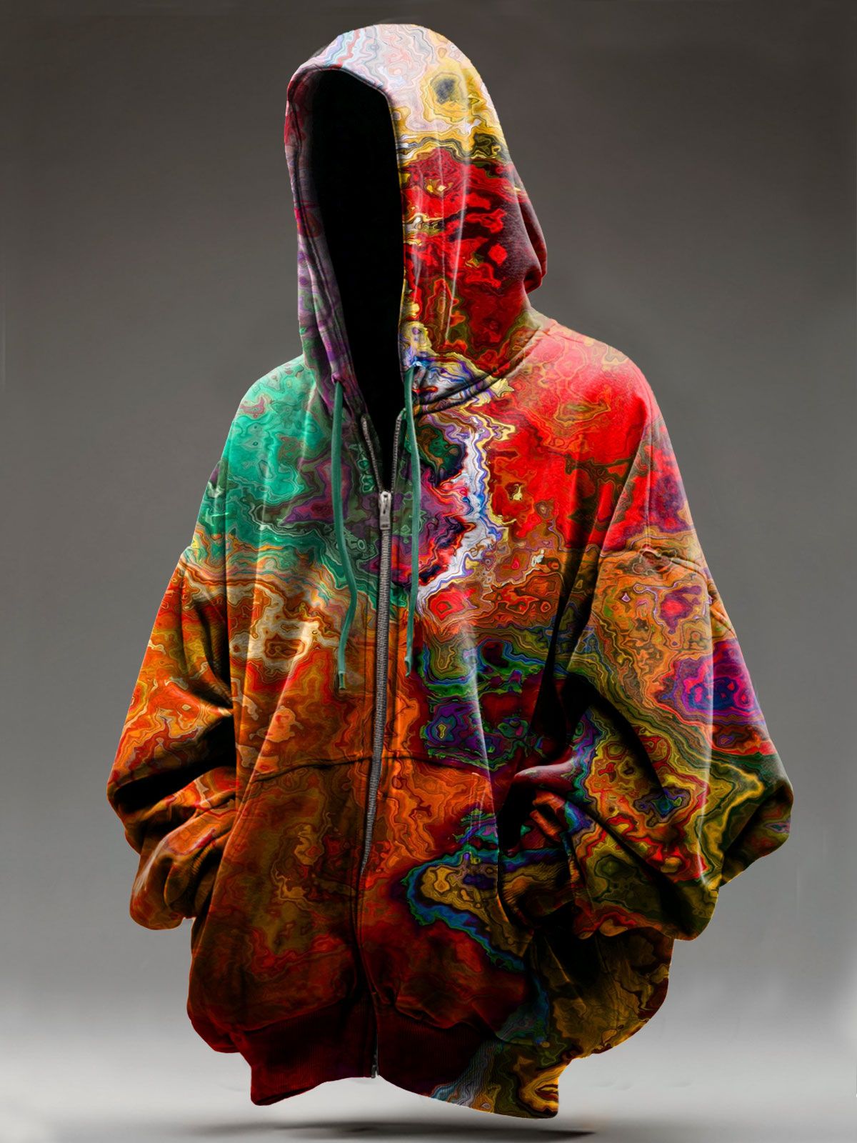 Multicolor Liquid Abstrct Art Print Casual Zip Hoodie Sweatshirt
