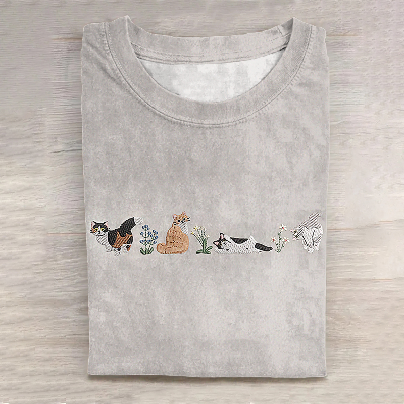 Women's Retro Funny Cat Art Short Sleeve T-shirt