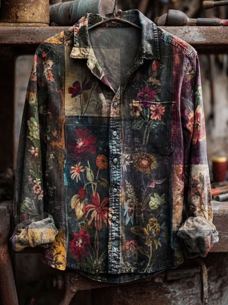 Vintage Flowers Print 100% Cotton Long Sleeve Shirt