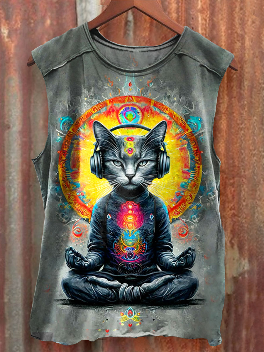 Fancy Yoga Cat Meditation Music Art Print 100% Cotton Casual Tank Top