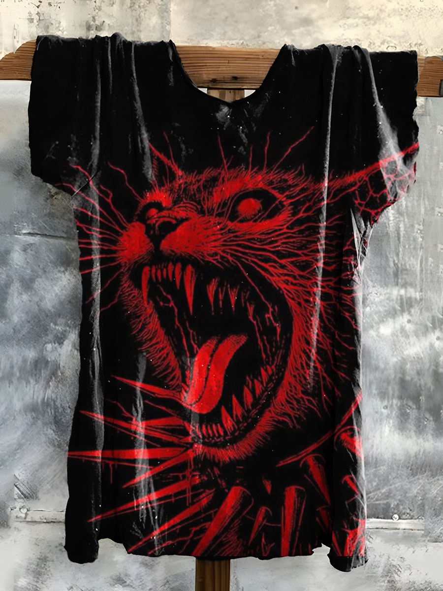 Horror Art Cat Print Cotton Crew Tee