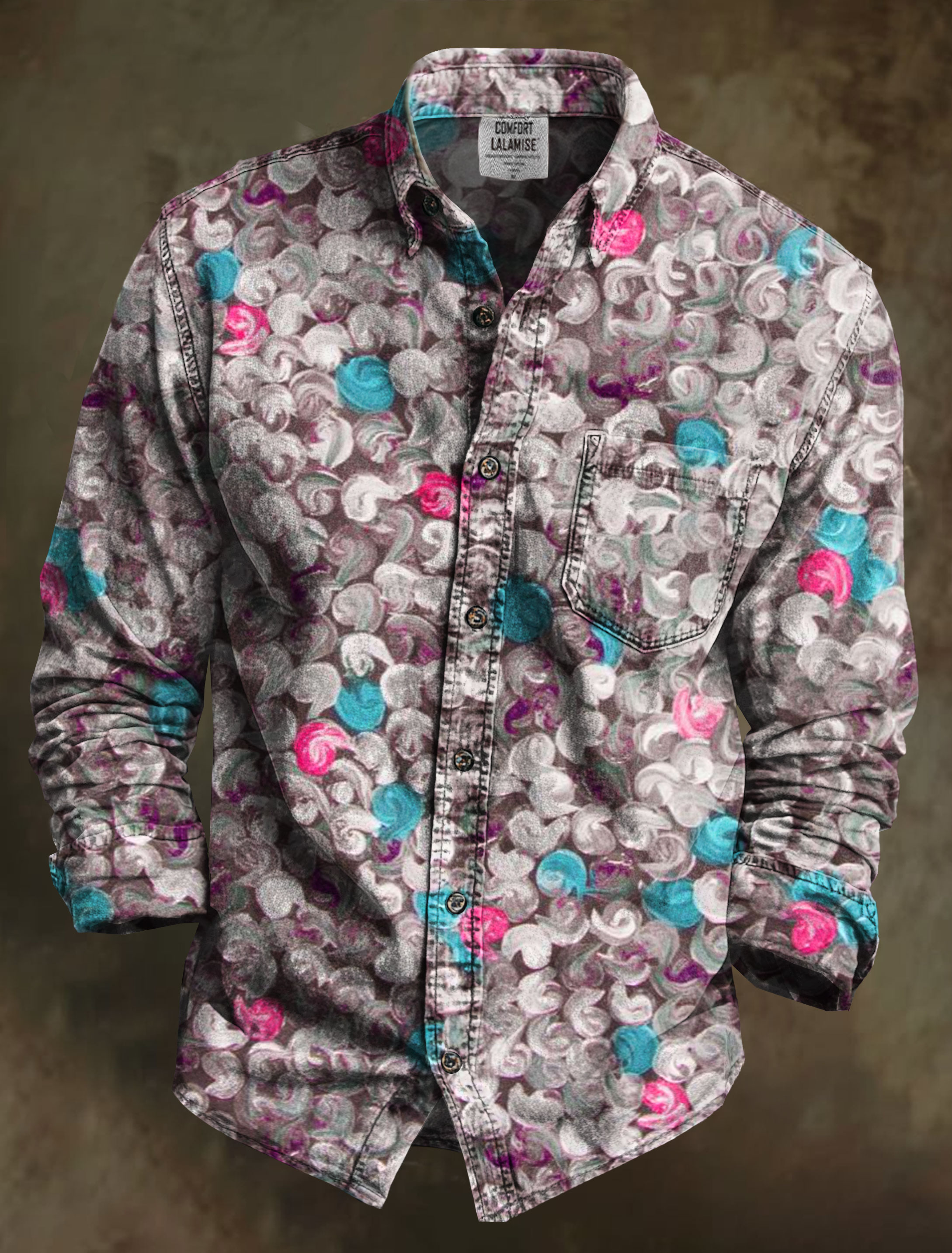 Painted Dot Textured Circular Strokes Art Print 100% Cotton Long Sleeve Shirt