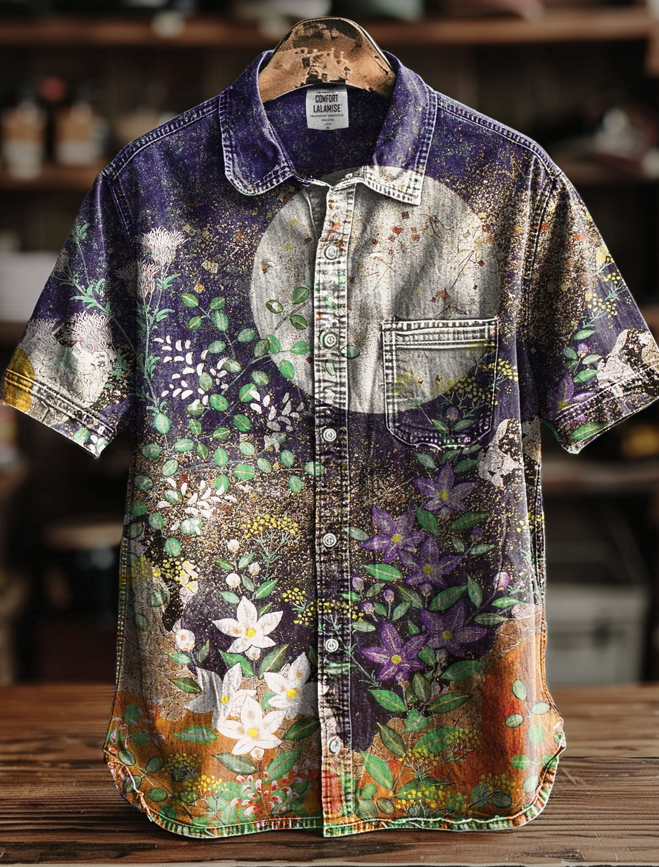 Autumn Moon Print Casual 100% Cotton Shirt