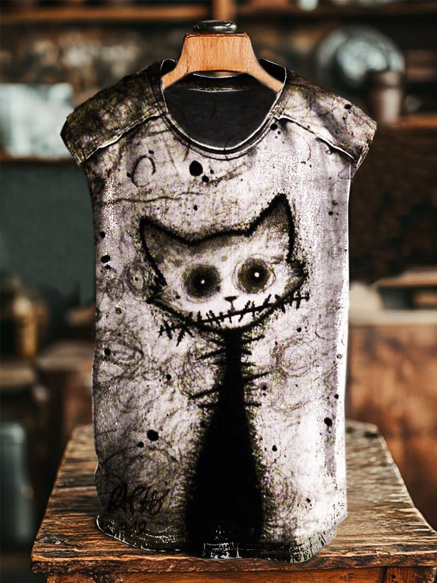Dark Cat Vintage Print 100% Cotton Casual Tank Top