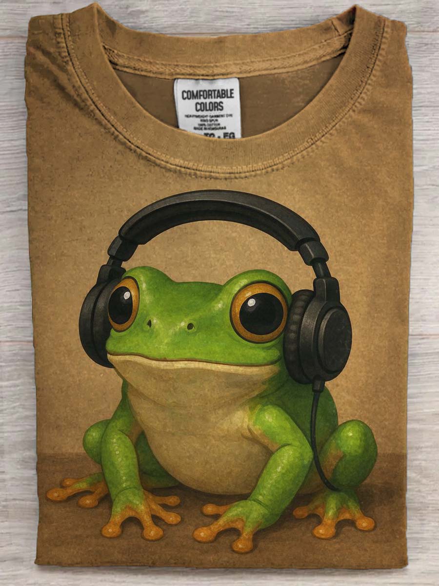 Frog With Headphones Printed Casual Short Sleeve T-Shirt