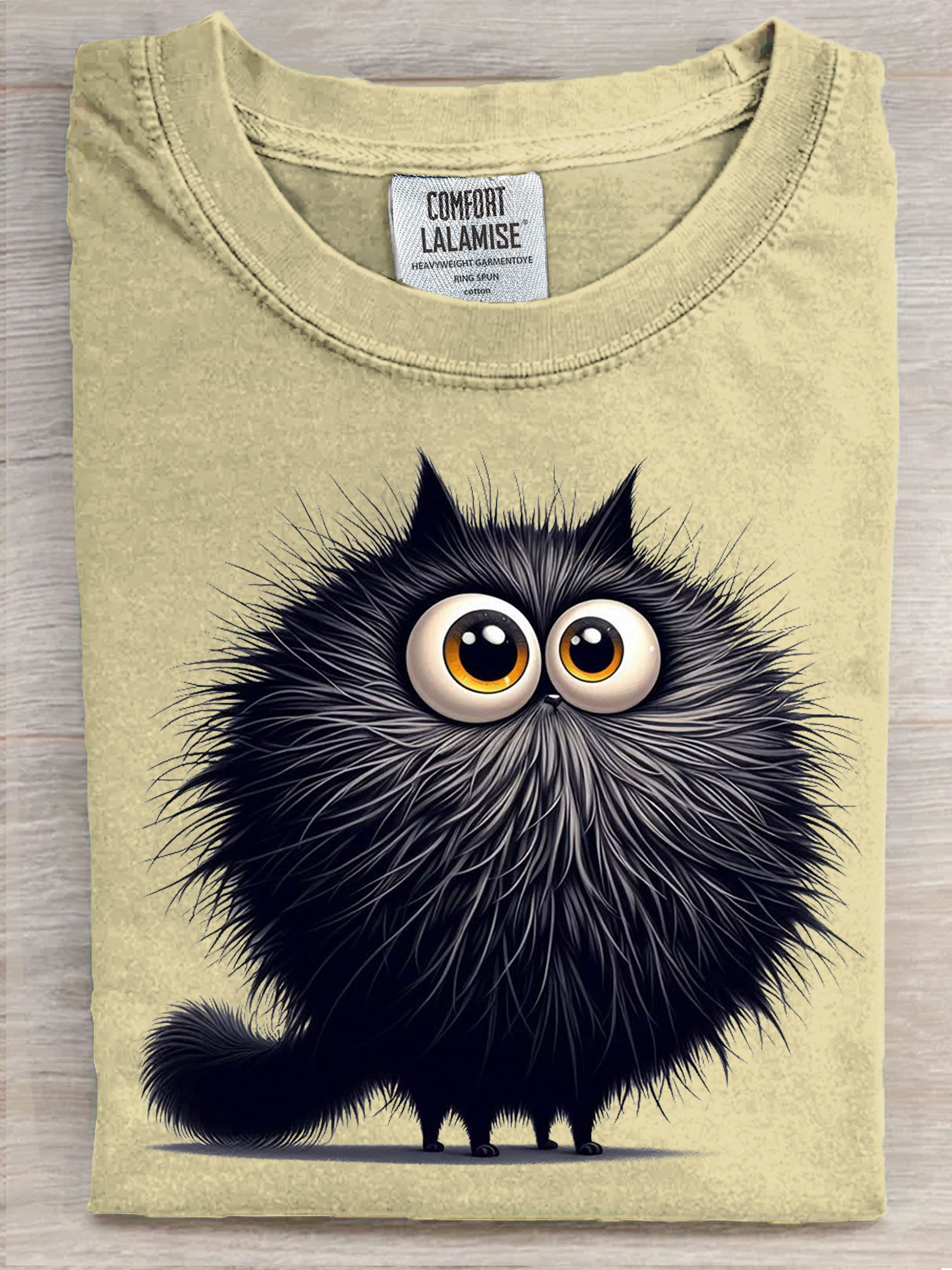 Fluffy Fat Black Cat Art Print Casaul Short Sleeve T-shirt