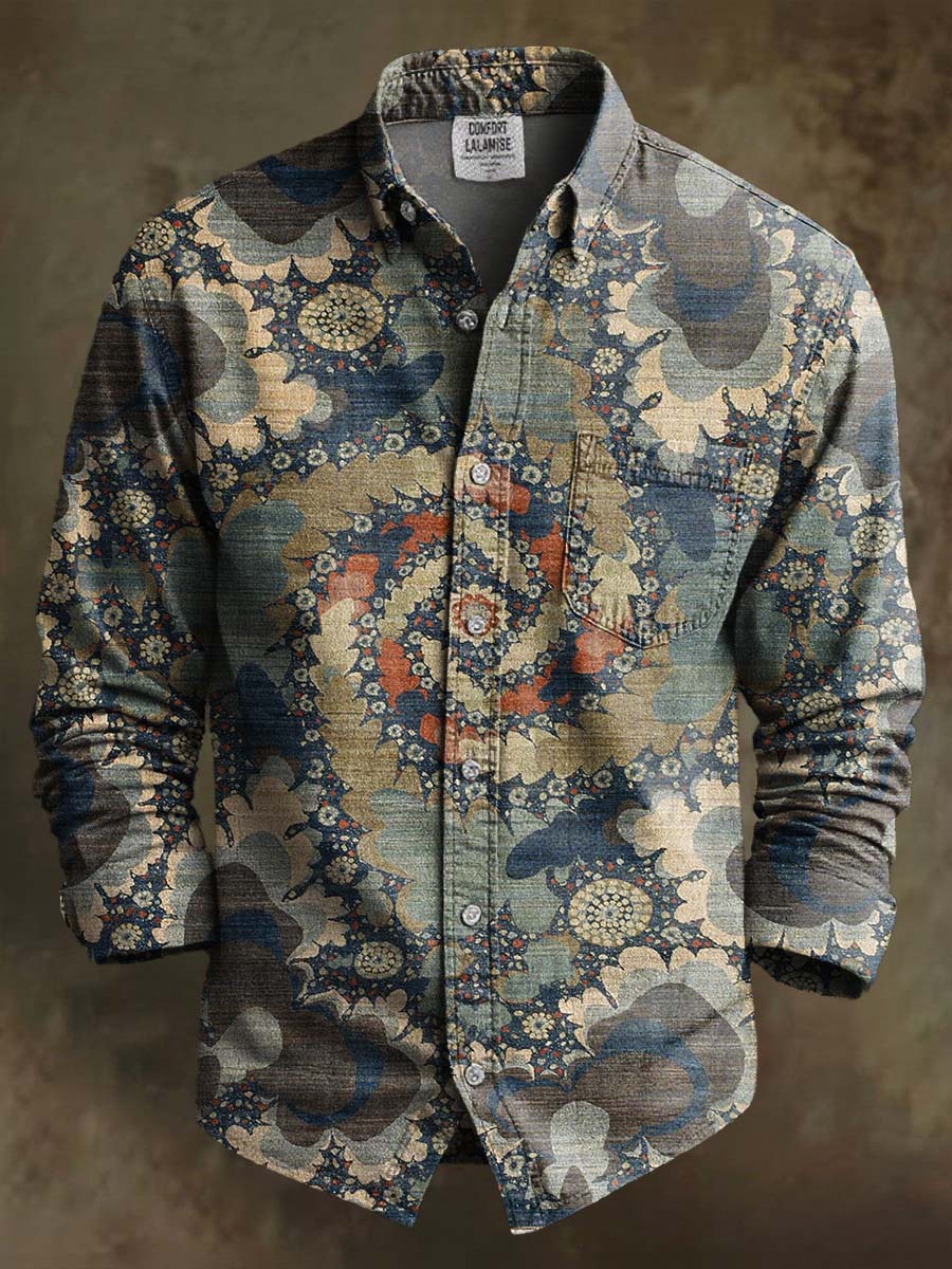 Vintage Mandala Pattern Print 100% Cotton Long Sleeve Shirt