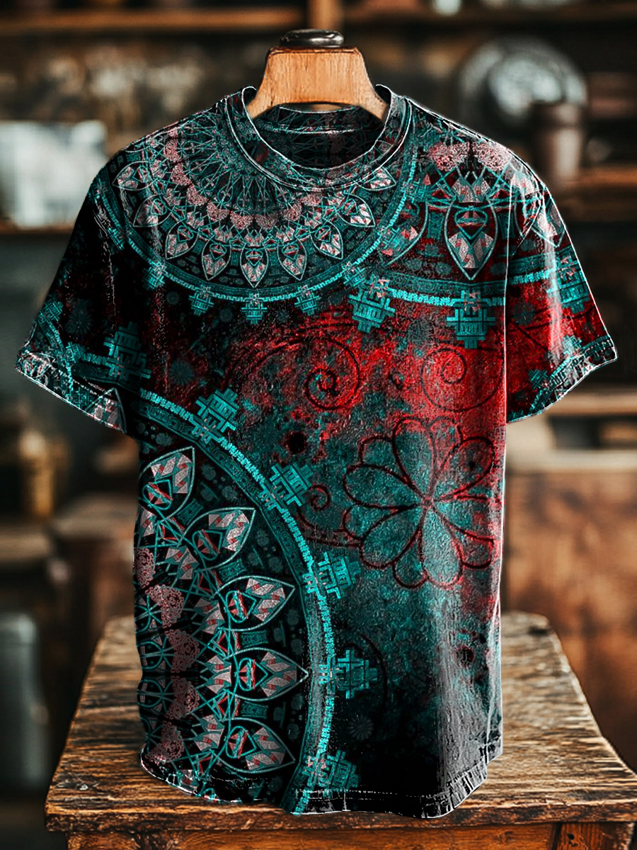 Unisex Retro Dark Kaleidoscope Print Casual Loose Short Sleeve T-Shirt